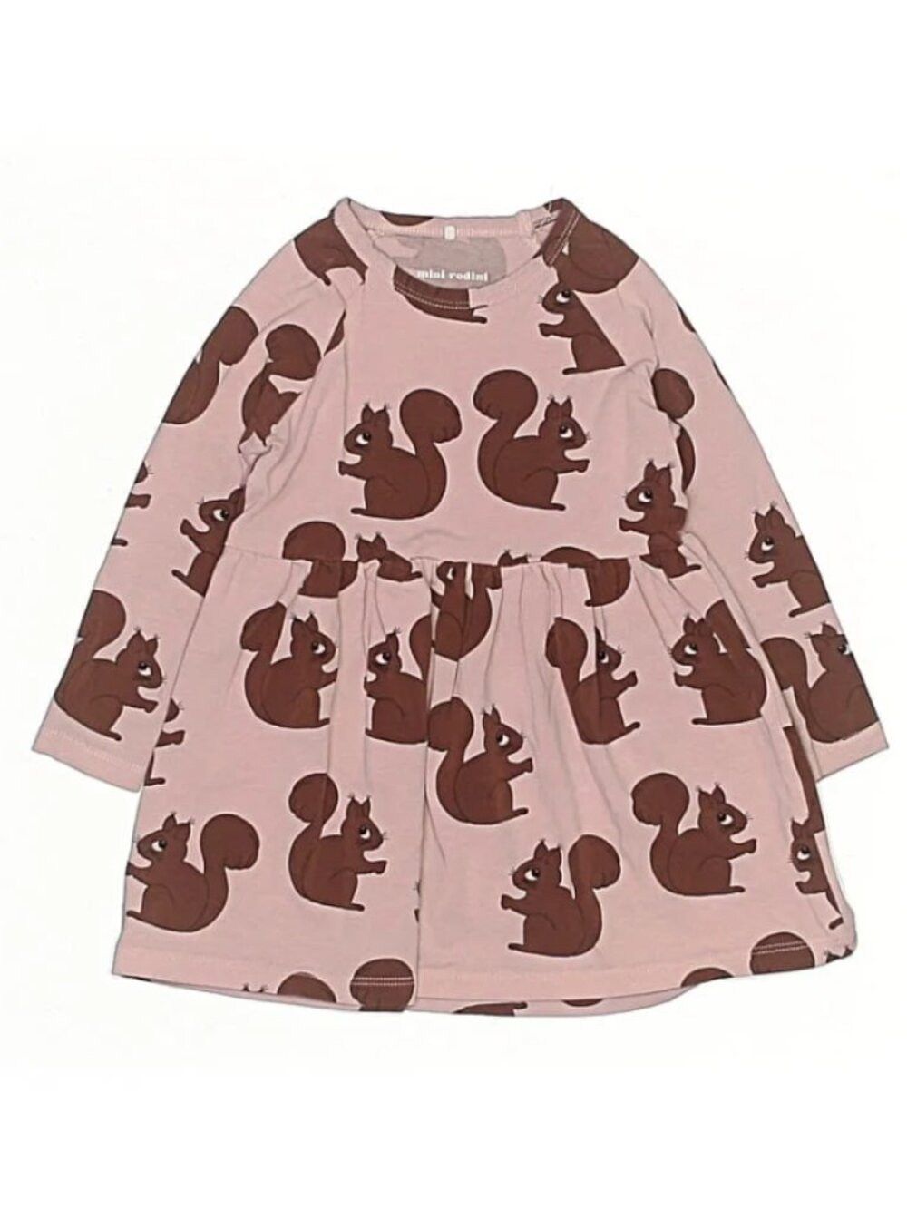 Mini Rodini Organic Cotton Pink Brown Squirrel Print Long Sleeve Dress 12-18M